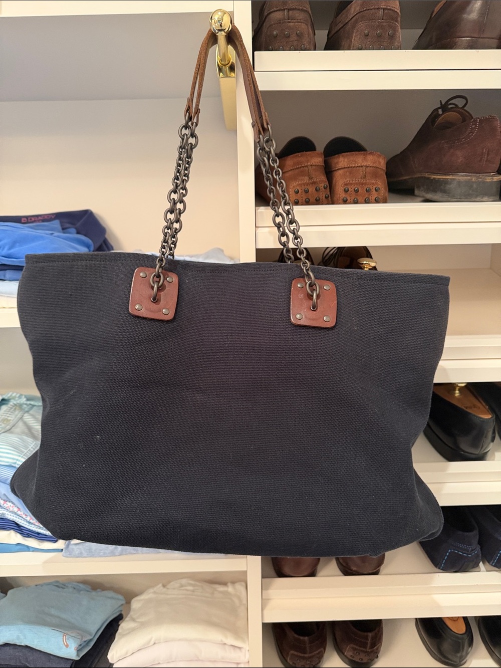 Bottega Veneta Black Canvas Tote with Brown Leather Trim and Chain Straps